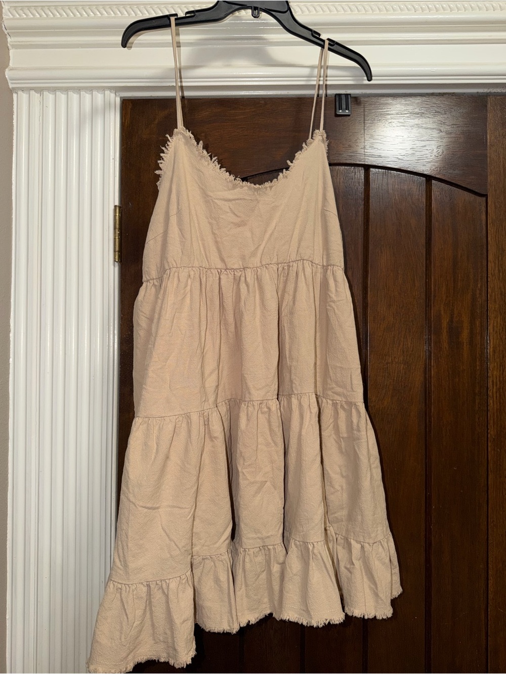 Pink Lily Beige Spaghetti-Strap Tiered Mini Dress